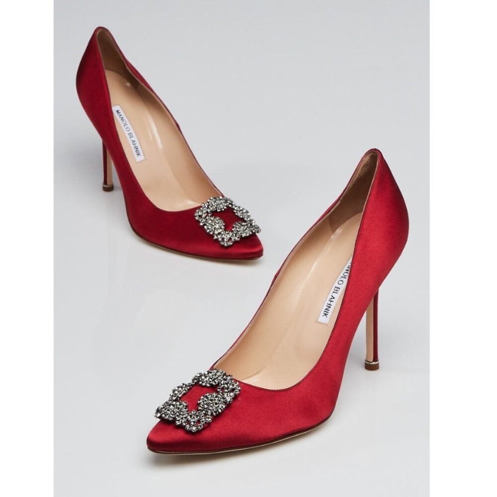 NIB Manolo Blahnik Wine Red 105mm Hangisi Satin Pumps